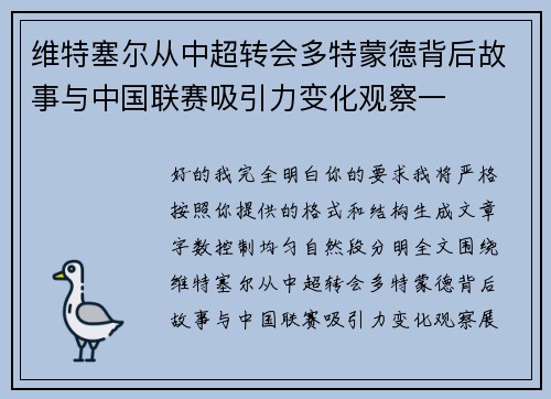 维特塞尔从中超转会多特蒙德背后故事与中国联赛吸引力变化观察一