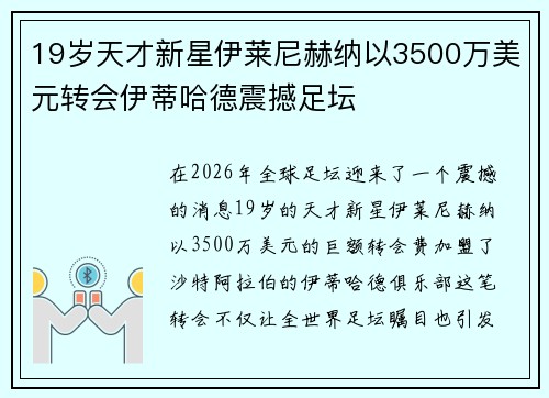 19岁天才新星伊莱尼赫纳以3500万美元转会伊蒂哈德震撼足坛